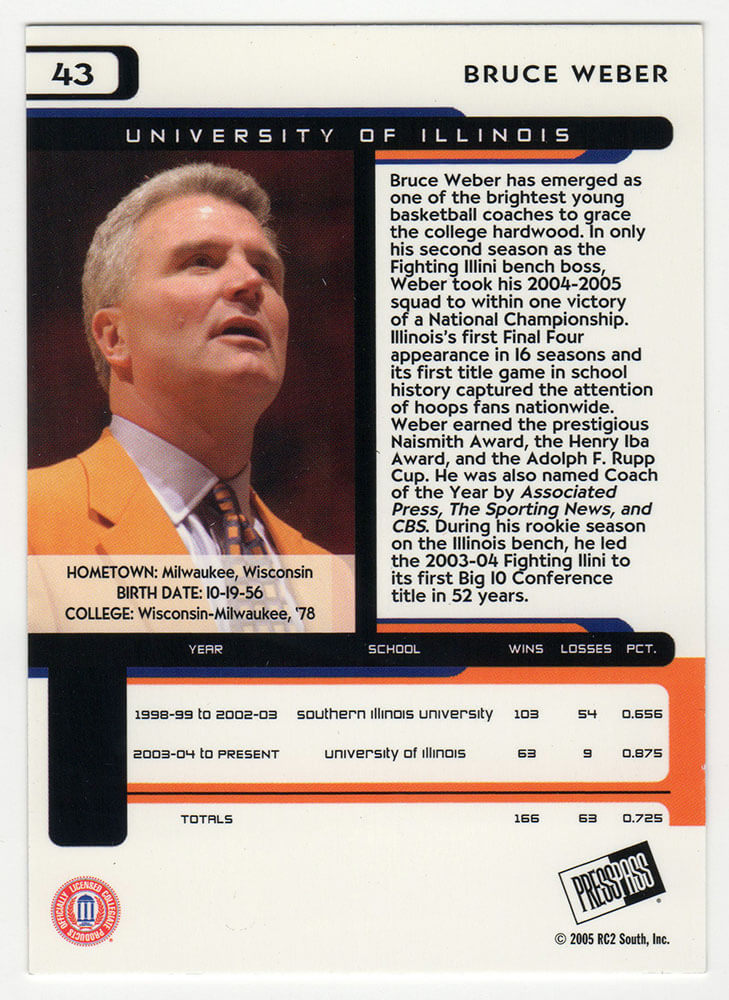 Bruce Weber Signed Illinois 2005 Press Pass Basketball Trading Card #43 - Image 2