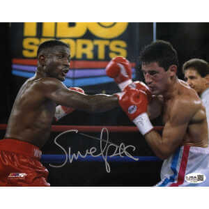 Pernell 'Sweet Pea' Whitaker Signed Boxing Red Trunks Punching Action 8x10 Photo - (JSA)