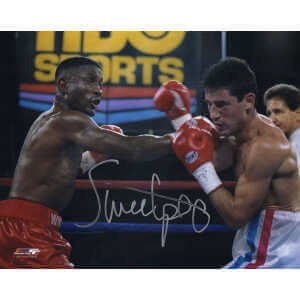 Pernell 'Sweet Pea' Whitaker Signed Boxing Red Trunks Punching Action 8x10 Photo