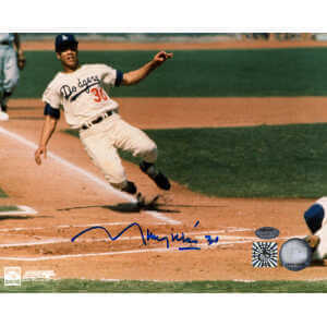 Maury Wills Signed Los Angeles Dodgers Sliding Into Home 8x10 Photo