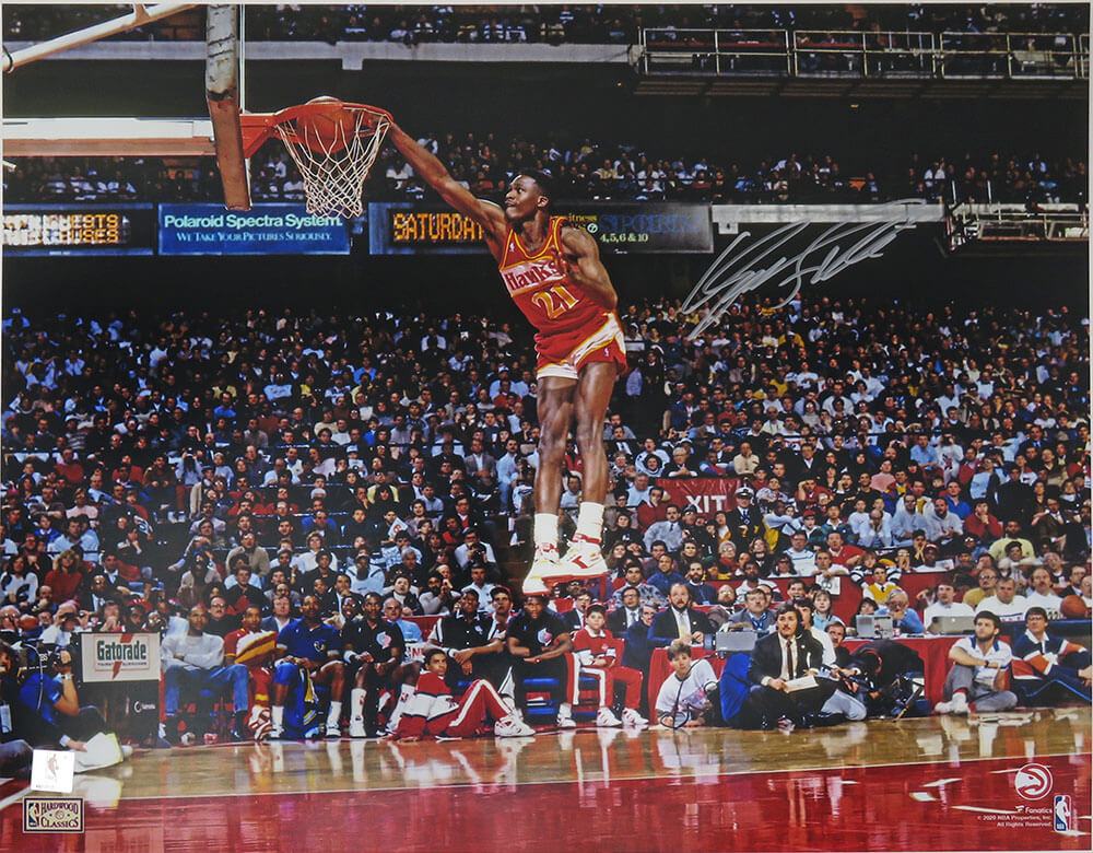 Dominique Wilkins Signed Atlanta Hawks One Hand Slam Dunk Action 16x20 Photo- SS