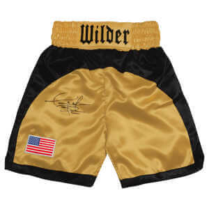 Deontay Wilder Signed Gold With Black Trim Custom Boxing Trunks - (Beckett)