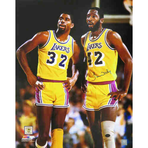 James Worthy Signed Los Angeles Lakers Standing With Magic Johnson 16x20 Photo