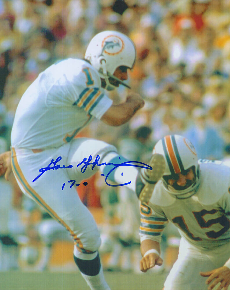 Garo Yepremian Signed Miami Dolphins White Jersey Kicking FG 8x10 Photo  w/17-0