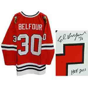 Ed Belfour Signed Red Custom Hockey Jersey w/HOF 2011