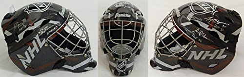 Gerry Cheevers, Grant Fuhr, Ed Giacomin & Bernie Parent Multi Signed NHL Logo Replica Goalie Mask w/HOF Years