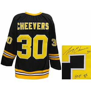 Gerry Cheevers Signed Black Custom Hockey Jersey w/HOF 85